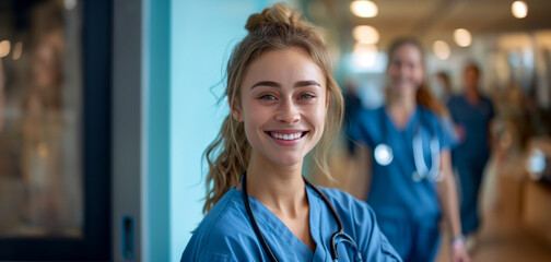 Fototapeta premium Friendly female nurse smiling in hospital corridor