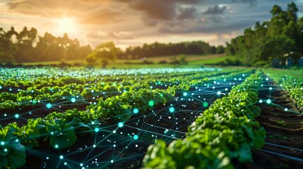 A field of lettuce with a network of glowing dots and lines representing the Internet of Things. - obrazy, fototapety, plakaty