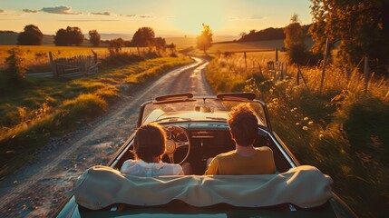 couple enjoying a scenic countryside drive in a classic convertible car romantic adventure - obrazy, fototapety, plakaty