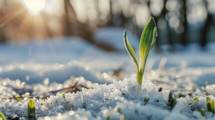 green sprout emerging from snowy frozen ground announcing end of winter end beginning of spring season, ice, bright, environment, life, concept, new, sunlight, light,.