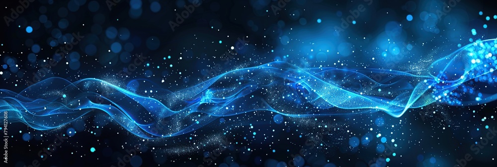 Poster Blue digital wave abstract background with glowing dots and mesh, in the style of data technology.