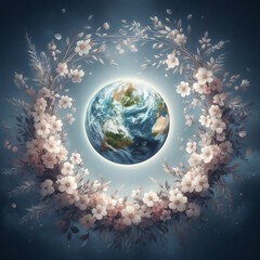 Planet Earth is surrounded by a wreath of white flowers. World Earth Day