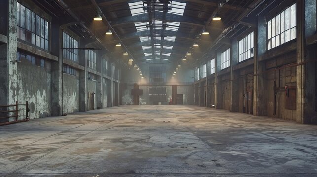 dramatic lighting in empty industrial warehouse interior 3d illustration