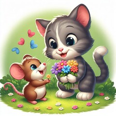 The little mouse presents flowers to the cat in celebration of her birthday