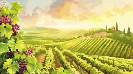 Zelfklevend Fotobehang Lush Tuscan Vineyard Landscape with Golden Sunset and Rolling Hills © Mickey