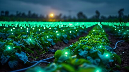 Glowing green orbs float above a potato smart farm field at night - obrazy, fototapety, plakaty