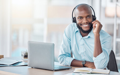Black man, headset and sale agent in office, laptop and call centre operator or secretary. Male...