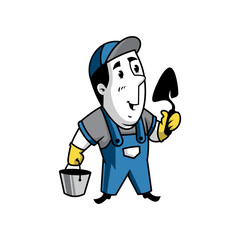 character of a person with a bucket and trowel tool.