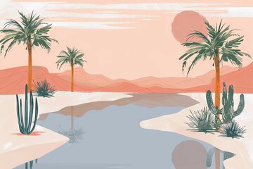 Minimalist Desert Oasis Sunset Landscape with Copy Space for Wallpaper or Background Design