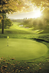 Beautiful scenic golf putting green of a luxurious golf course with room for text or copy space
