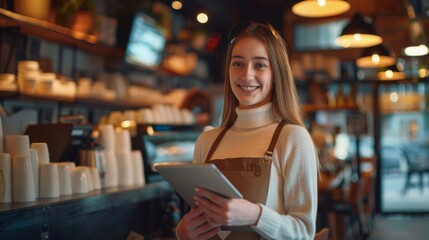 Smiling Barista Holding Tablet