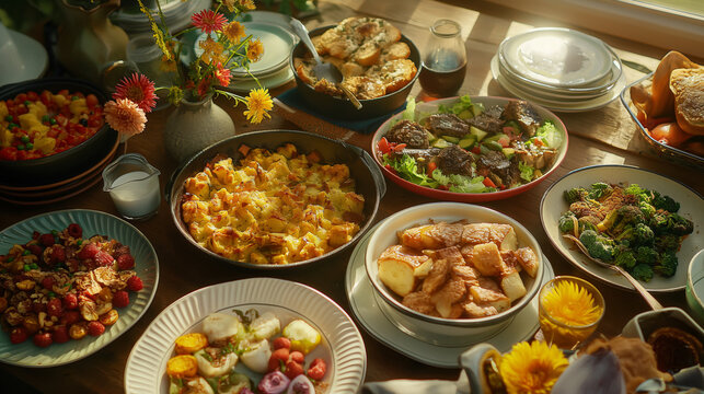 Friends hosting a potluck brunch, with a spread of sweet and savory dishes. Happiness, love, respect for each other, harmony