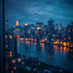 The image is a blurry view of a city with raindrops on the window. The cityscape is lit up by the lights of the buildings, creating a moody atmosphere