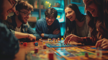 Friends hosting a game night, with a mix of classic board games and trivia challenges. Happiness, love, respect for each other, harmony - obrazy, fototapety, plakaty