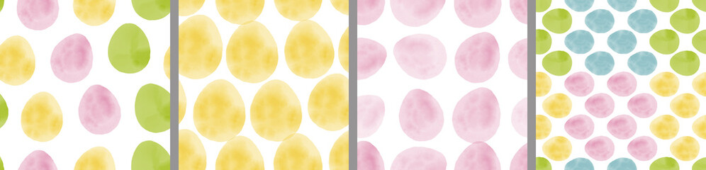 Watercolor set of seamless patterns. Collection of hand drawn pastel Easter eggs