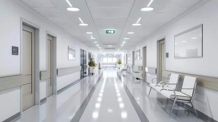 Naklejka na ściany i meble empty hospital corridor with waiting area and patient rooms modern healthcare facility 3d rendering