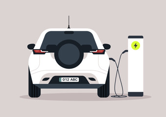 Electric car plugged in to a charging station, green energy, no pollution - obrazy, fototapety, plakaty