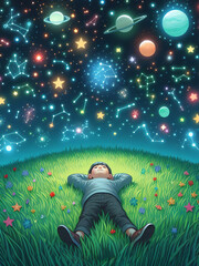 The boy is lying on the ground and watching the stars and planets in the sky above him