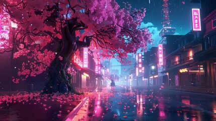 enchanting japanese night city with neon pink lights and sakura tree animeinspired cityscape 3d illustration