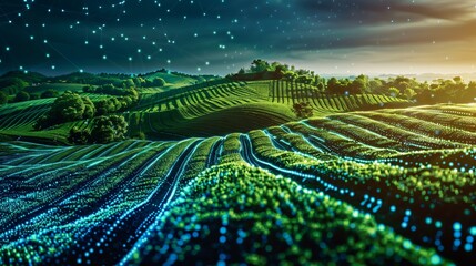 Green rolling hills under a starry night sky with glowing blue and green particles rising from the ground. - obrazy, fototapety, plakaty