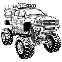 monster truck coloring page printable. Monster truck colouring page: black vector outlines isolated on a white background © waheed