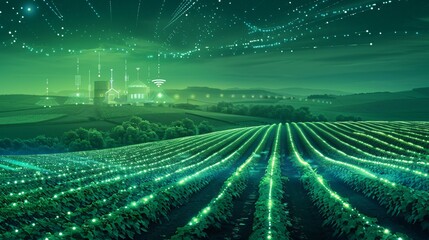 Illustration of a smart farm at night with a starry sky and glowing crops - obrazy, fototapety, plakaty