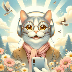 A cat in a business suit and glasses with headphones holds a smartphone in its paw and listens to music in nature