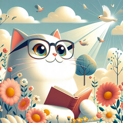 A white cat in glasses reads a book in nature