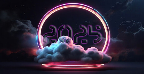 happy new year 2025 illustrated with 3d render abstract cloud illuminated neon in space 