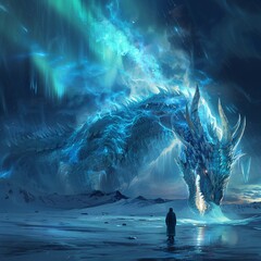 Ice dragon standing on frozen lake
