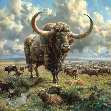An aurochs standing in a field of long grass, surrounded by other aurochs.