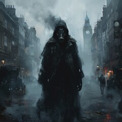 A dark figure in a gas mask and cloak walks down a foggy street past a clock tower.