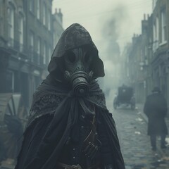 A man wearing a gas mask and a black cloak stands in a foggy street. - obrazy, fototapety, plakaty