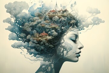 An abstract image of buildings on a woman's head, symbolizing the construction business