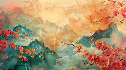 Autumnal tranquility in a floral mountain landscape painting