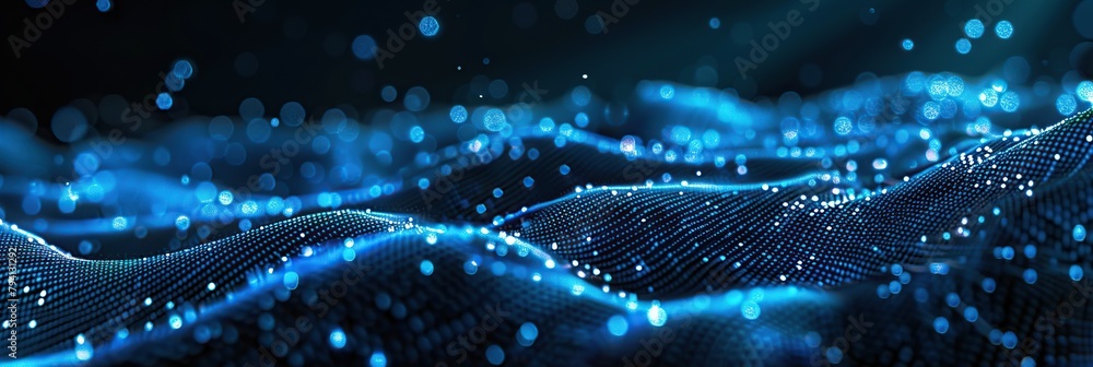 Poster Abstract digital background with a blue wave of dots and mesh, futuristic high-tech design concept.