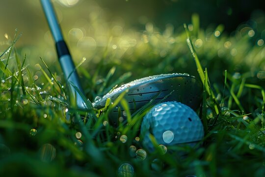 Close-up of a golf ball and club on the green grass with morning dew
