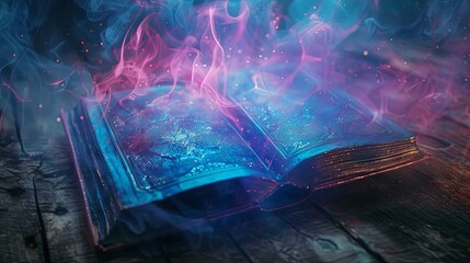 Enchanted book radiating magical glow on wooden surface