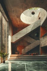 Concrete brutalist architecture with a large oculus and marble floors