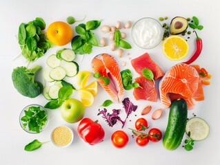 Gesunde Ernährung mit Fisch, Gemüse und Obst, KI generiert