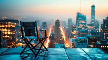 Lonely chair on a rooftop overlooking a beautiful sunset in a big city