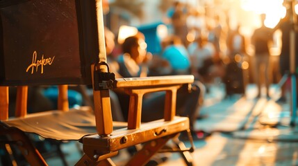 An empty director's chair sits on a movie set. - obrazy, fototapety, plakaty