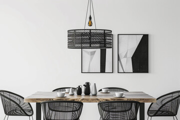 Belle salle à manger décorée en noir et blanc