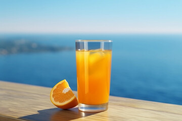 Verre de jus d'orange avec la mer en fond