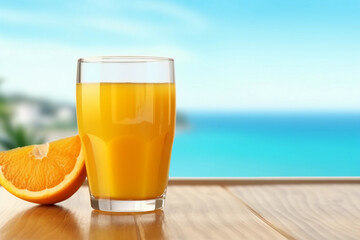 Verre de jus d'orange en bord de mer