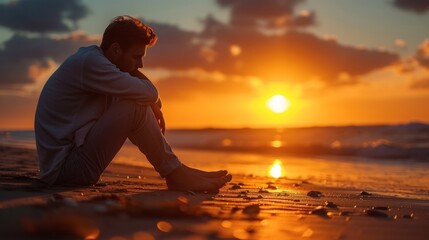 As the sun dips below the horizon, a man's silhouette is seen sitting in solace on the beach, reflecting on the day's end amidst the ambient glow