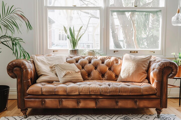 Joli salon avec un canapé en cuir