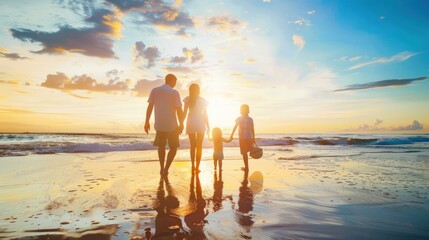 Backlit view of family holding hands on a beach at sunset, reflecting vibrant skies on wet sand