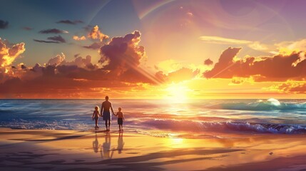 Fototapeta premium Illustrative image of a couple holding hands with children, walking towards the ocean at sunset with vibrant colors