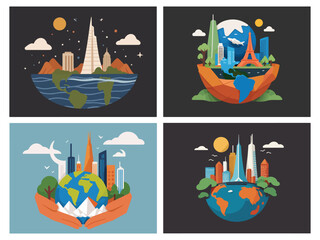 Set Of Vector Flat of Illustrating Climate Change - Icons Mapping Global Transformation